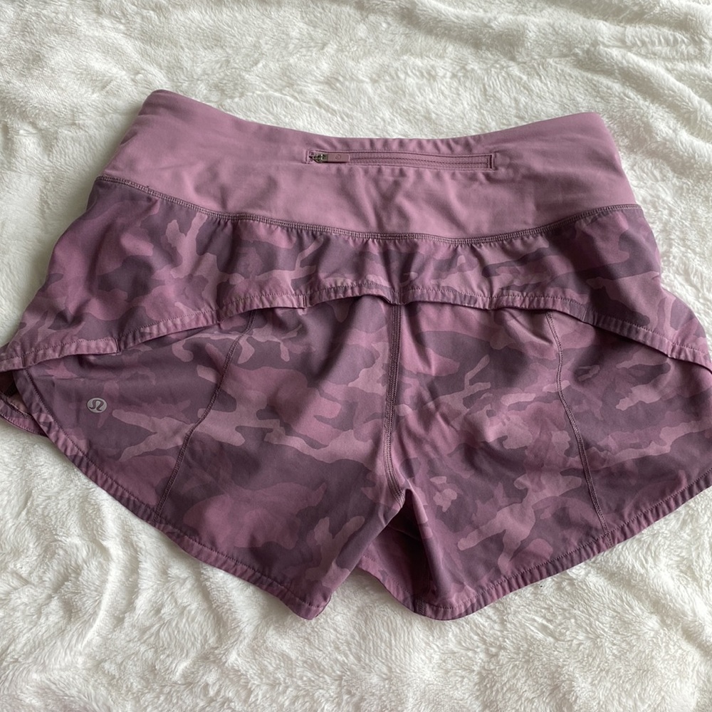 Lululemon Speed Up low rise 4 in short in pink/purple camo!!